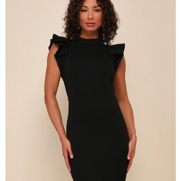 ✨NWT✨ Lulus Splendor Black Backless Ruffle Bodycon Midi Dress - Picture 1 of 13